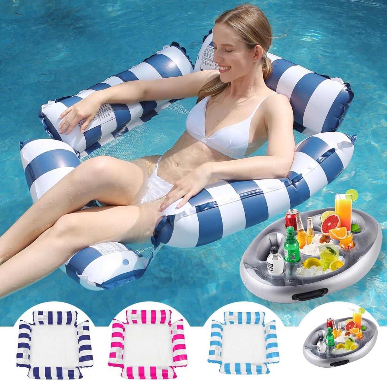 3-Pack Inflatable Swim Ring for Kids & Adults+ 1 Pool Ice Bar - Durable Pool Float, Fun Beach Toy, Easy to Inflate, Bright Colors, Perfect for Pool, Lake, or Summer Parties